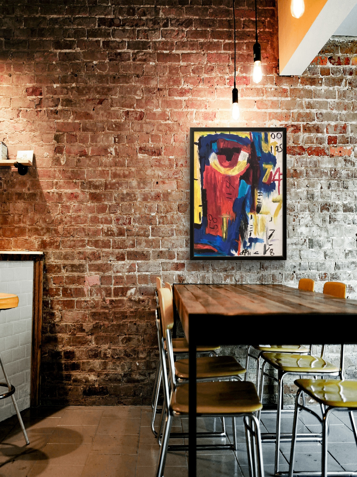 No. 105 framed and hanging on a brick wall