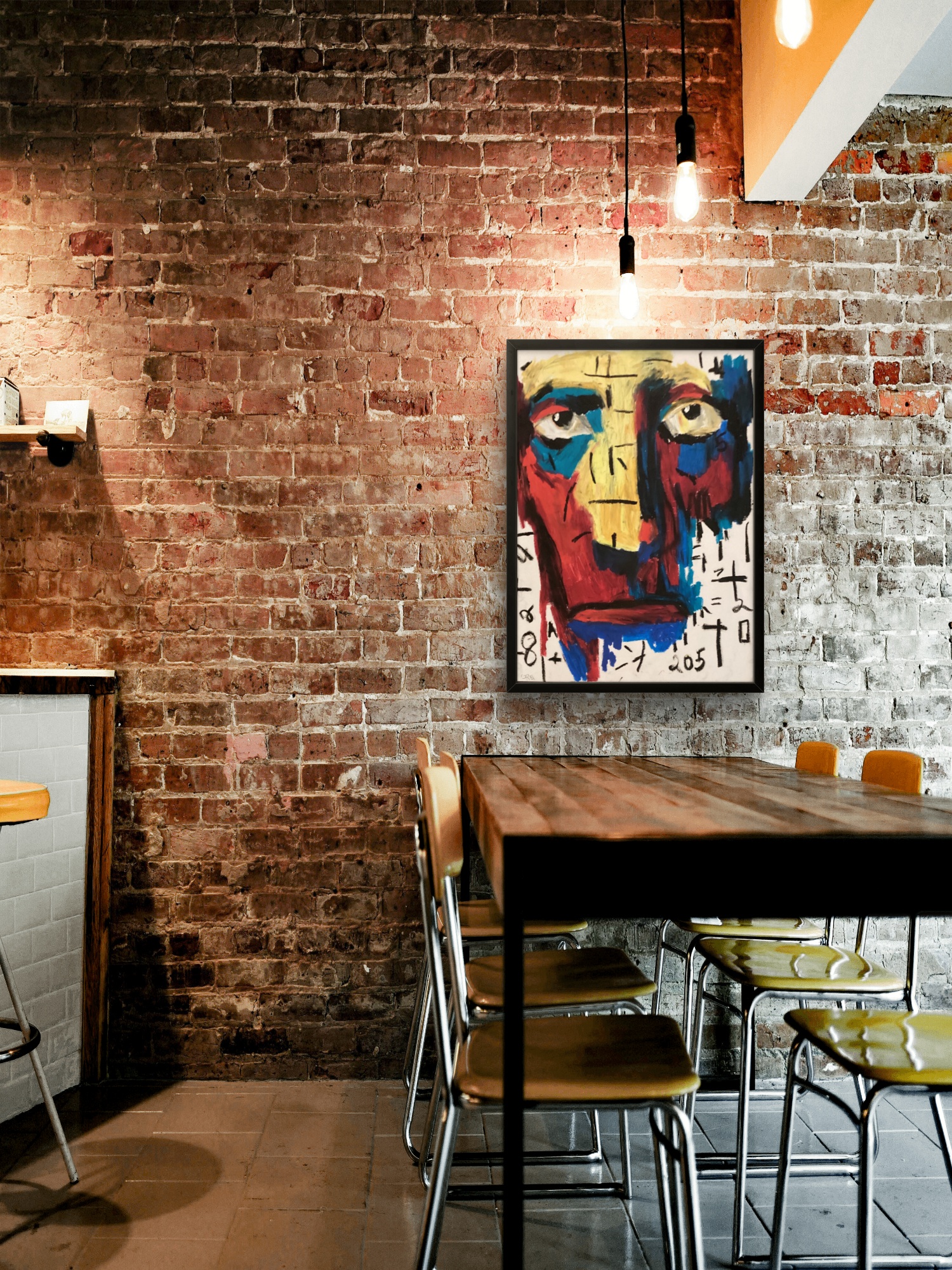 No. 205 framed and hanging on a brick wall
