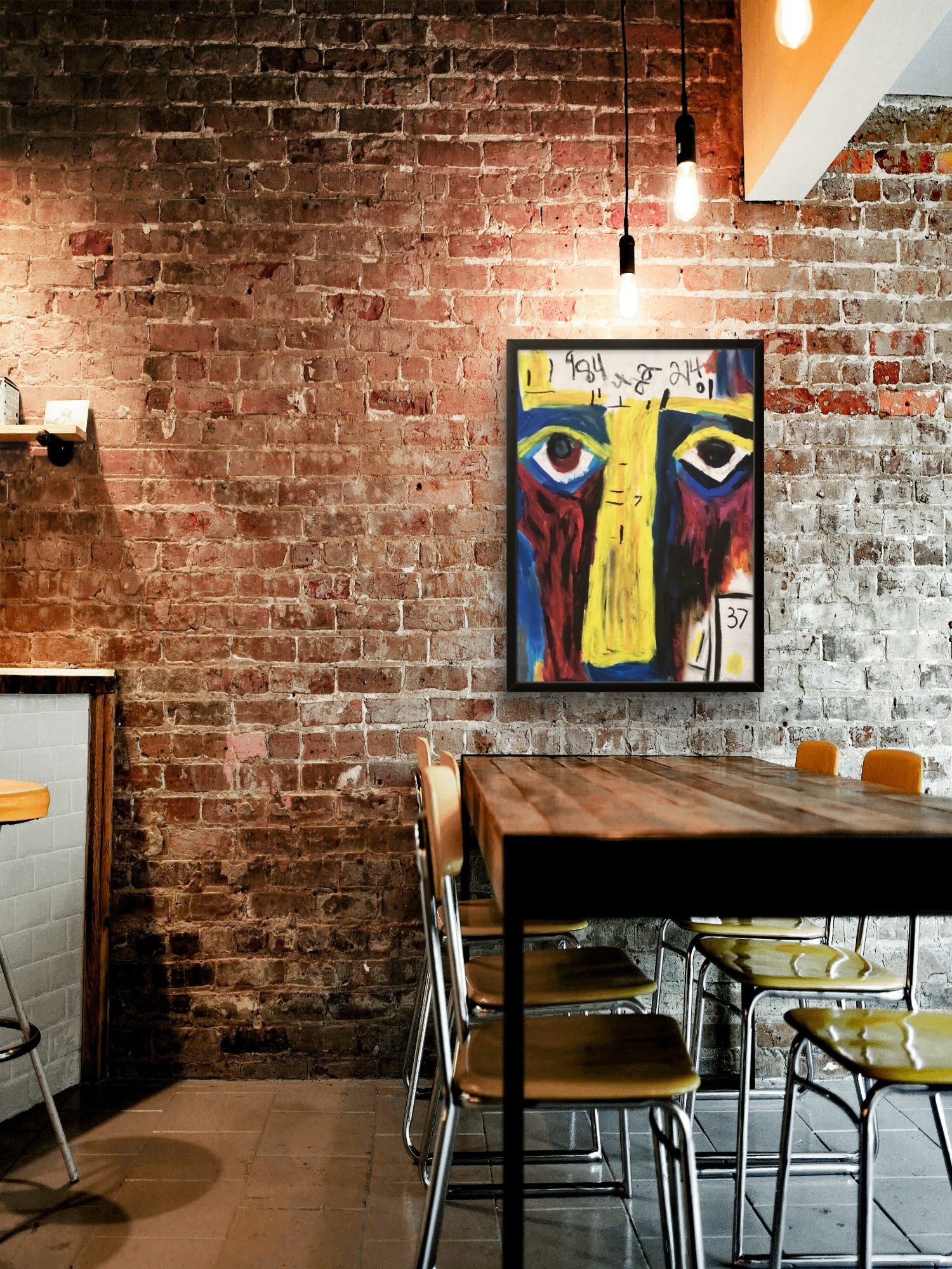 No. 214 framed and hanging on a brick wall